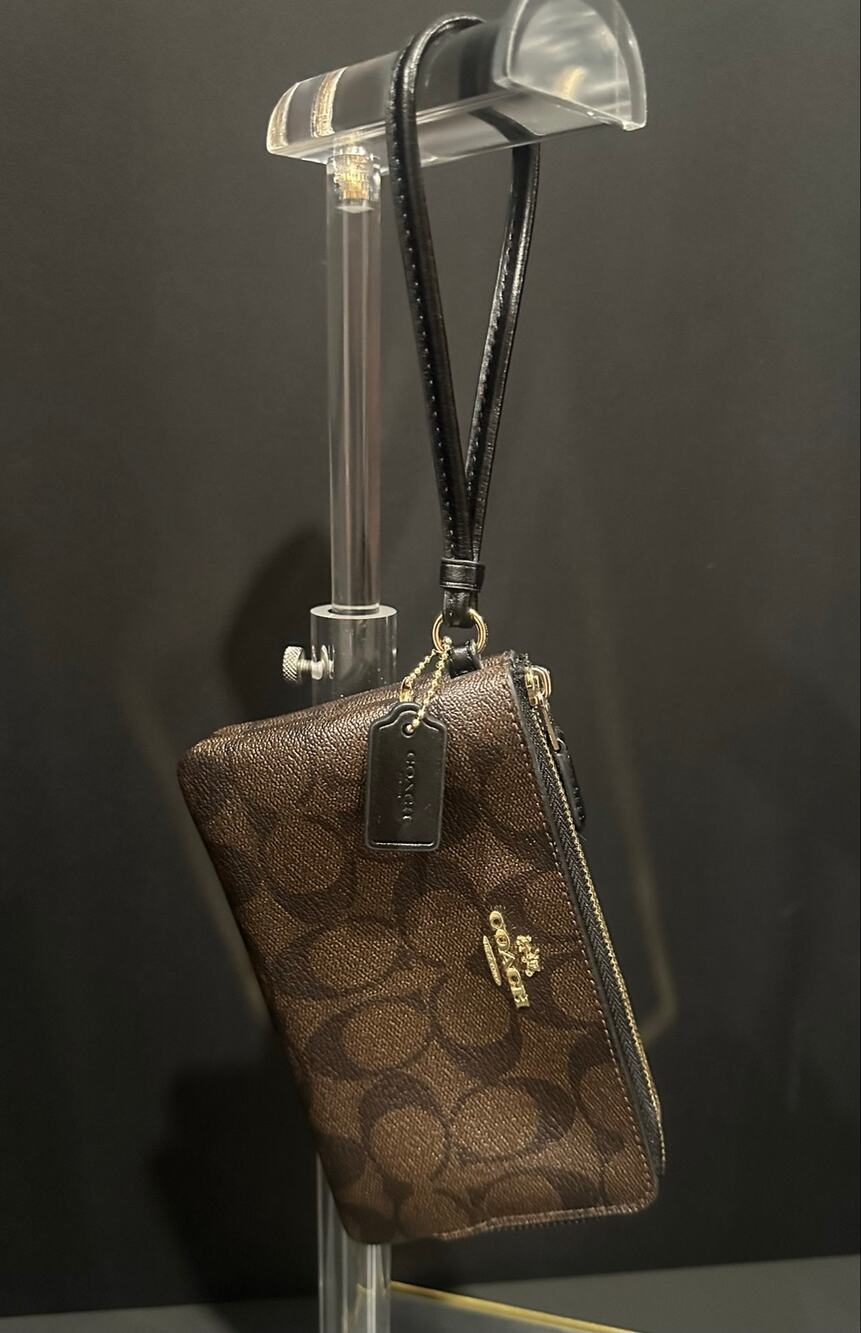 Coach Signature C Double Zip Wristlet Wallet Brown Black Gold Hardware